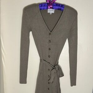 Pink Rose Olive Green Rib-Knit Button-Front Long Sleeve Dress with Tie Waist